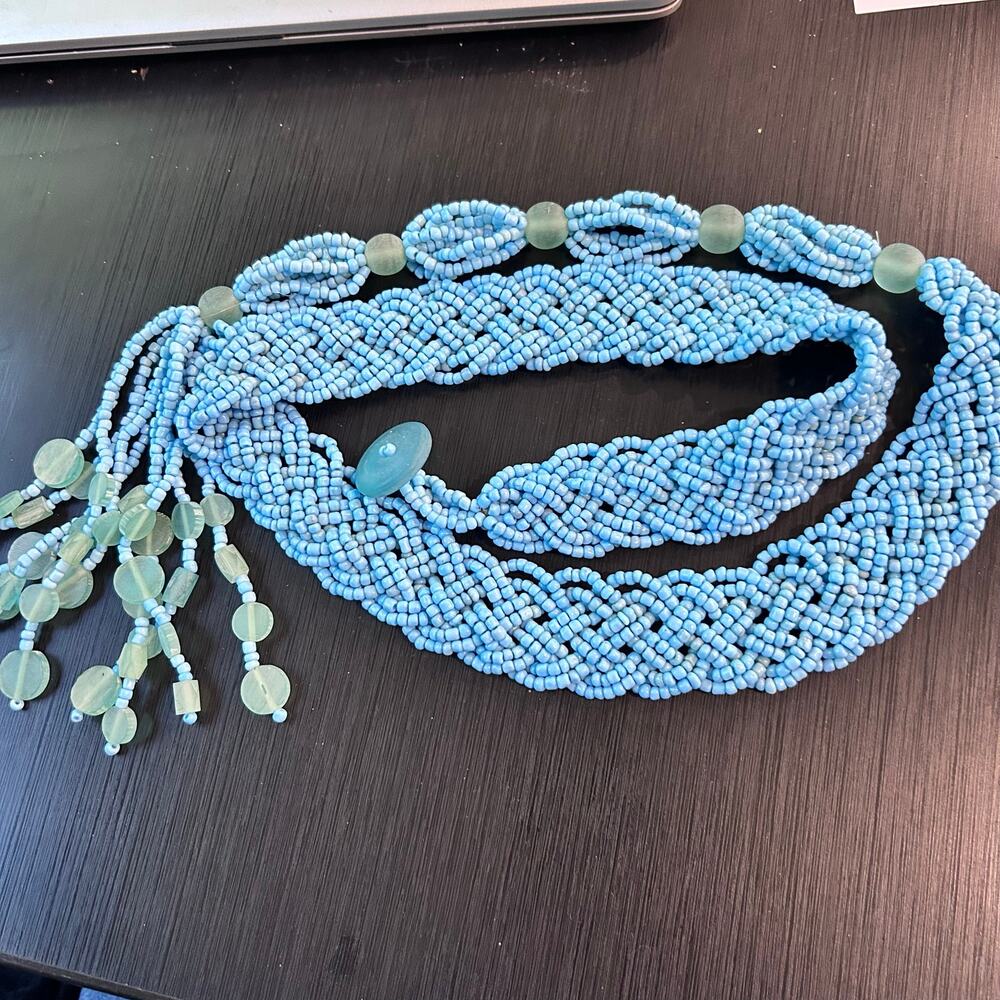 Seed Beaded Belt Turquoise Adjustable Braided Southwest Boho 70's Art Handmade